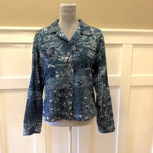 Chico’s Embellished Artsy Boxy Shirt Jacket Size:2 Teal Blue Print Lined Boho
